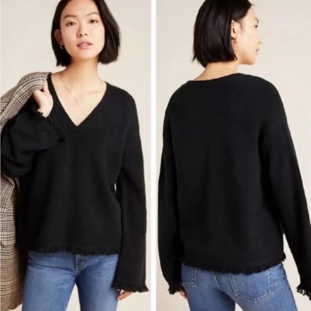 Anthropologie Black Fringe Joy wool blend Sweater, Black‎ size small